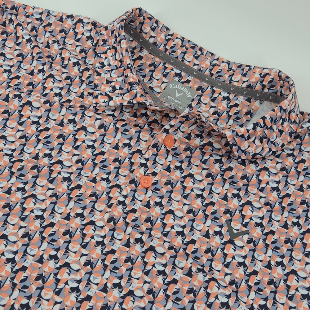 Callaway Golf Polo Men XL Orange Navy Grey Geometric Opti-Dri Short Sleeve Shirt